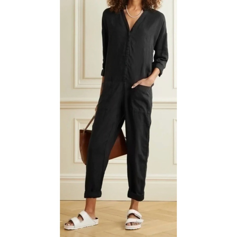James Perse Black 100% Linen Jumpsuit Sz 1 Small V-Neck Long Sleeve Coverall